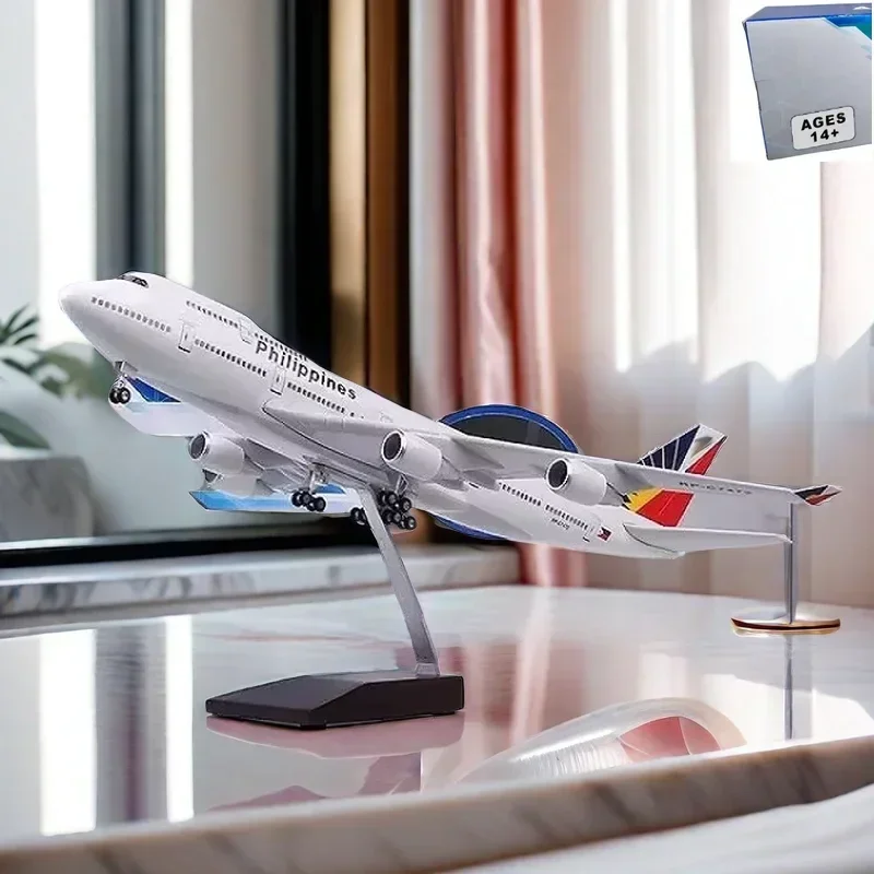 

New 47CM 747 B747 Model Philippines Airlines with Landing Gear Wheels Lights Resin Aircraft Plane Collectible Toy Home Decor