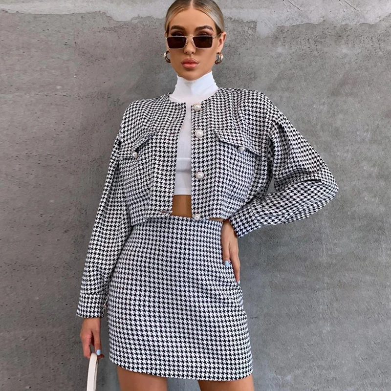 

Two Pieces Fashion Houndstooth Skirt Suits Women Fall Winter Coats Ladies Elegant Long Sleeve Jackets High Waist Mini Skirts New