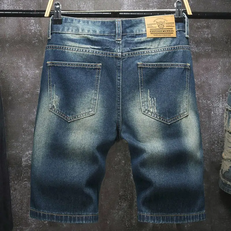 New European and American style ripped embroidery patch five-inch jeans men's shorts casual loose straight-cut mid-length pants
