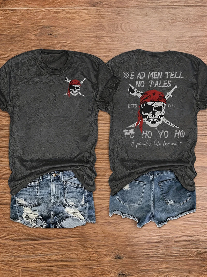 Women Summer Crew Neck Tee, Double Sided Vintage Pirate Skull Sword Graphic Print, Retro Casual Short Sleeve T-shirt