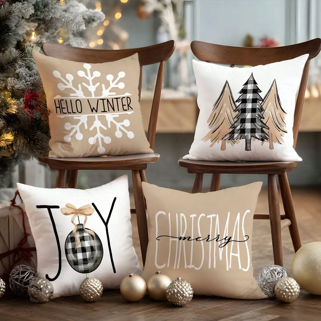 4pcs Christmas Minimalist Khaki Snowflake &Christmas Tree Illustration Cushion Cover Set, Single-Sided Printed Peach Velvet Material, 45*45/50*50/40*40CM Pillow Case Suitable For Room Decor, Modern Minimalist Sofa Living Room Decor, Gift, Party Decoration