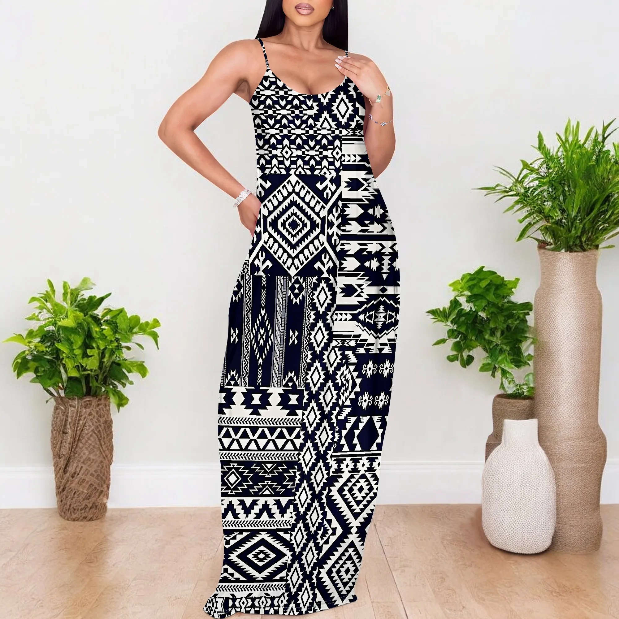 

EQQZD Sleeveless Round Neck Spaghetti Strap Maxi Dress with Pockets, Modern Stylish Patchwork Print Dress for Women