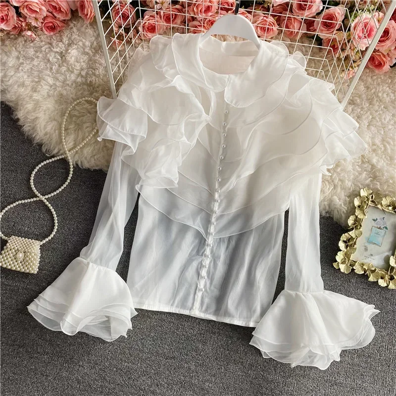 Gagarich Women Shirt 2022 Spring Autumn French Palace Style Ladies Super Fairy Layered Ruffled Organza Flared Sleeve Blouses