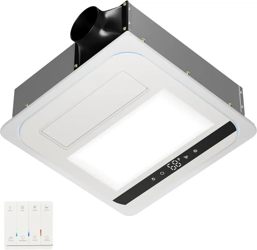 

Вытяжной вентилятор для ванной комнаты 4-в-1 с обогревателем 1800 Вт, светодиодной подсветкой CCT и дистанционным управлением, тихий потолочный вентилятор объемом 150 куб. футов в минуту для отопления, освещения,