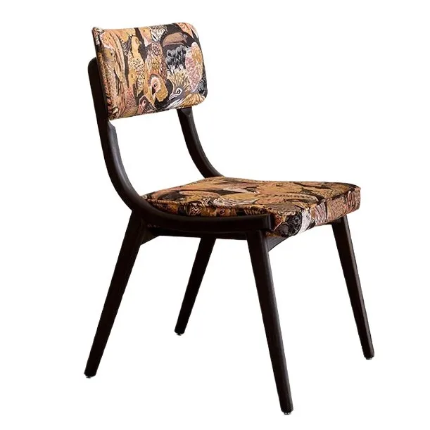 LTT antique solid wood dining chair household retro jacquard back chair fabric makeup chair