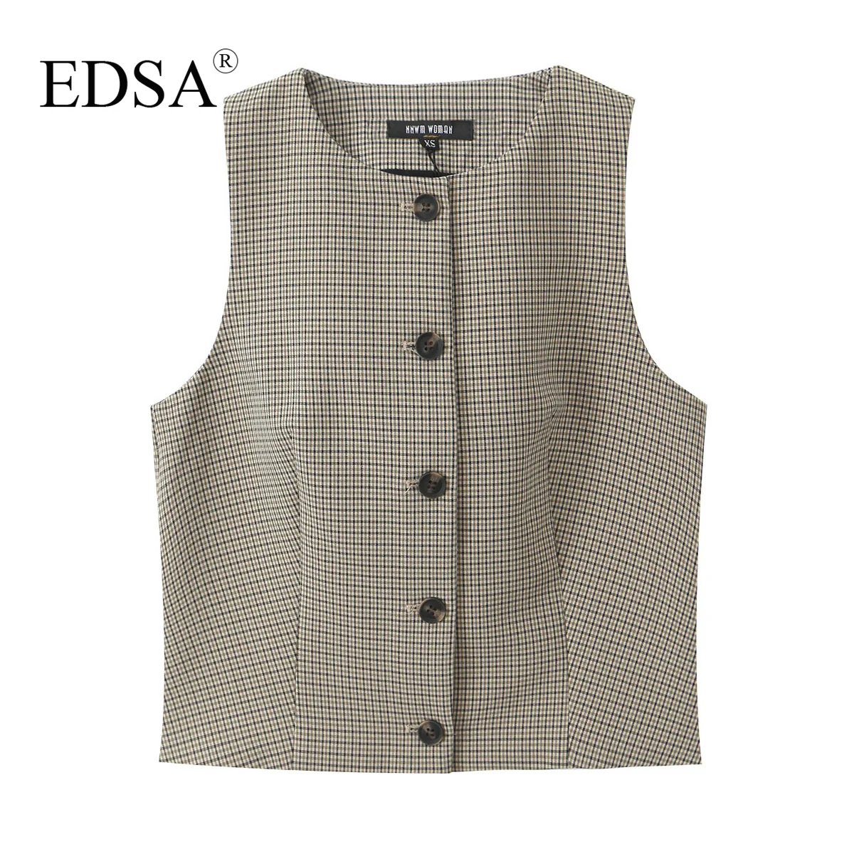 EDSA Women Grey Plaid Tank Top Single Breasted Sleeveless O-Neck for Female Top Blouse Outerwear