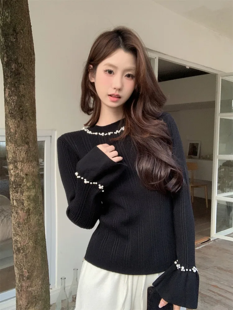 

Ele Hepburn Sle Knitted Sweater with Bell Sves Heavy Embelliment for Year End Par Inner Wear Korean Sle Slim Fit