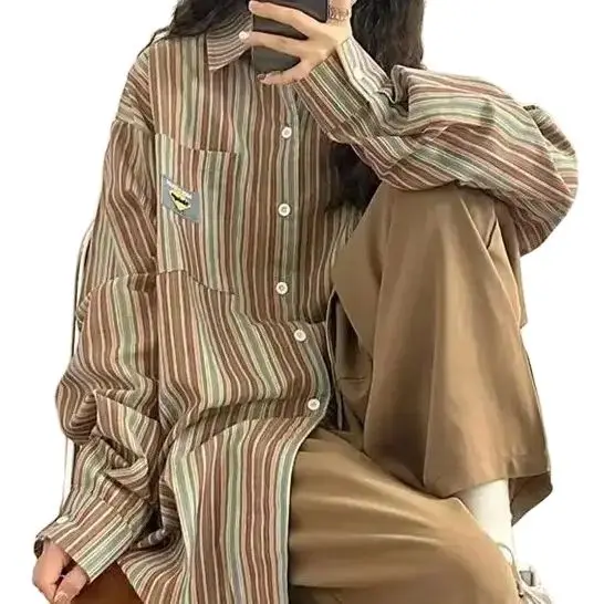 Camisa listrada retrô feminina, manga comprida étnica, blusa casual chique e versátil, roupa macia para o trabalho, outono