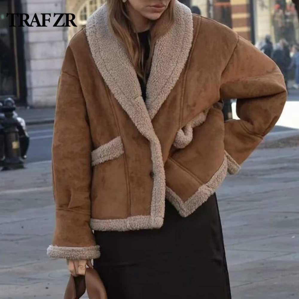 TRAF ZR Vintage Faux Fur Coat Shawl Collar Single Breasted Synthetic Leather Jackets for Women Women's Artificial Sheepskin Coat