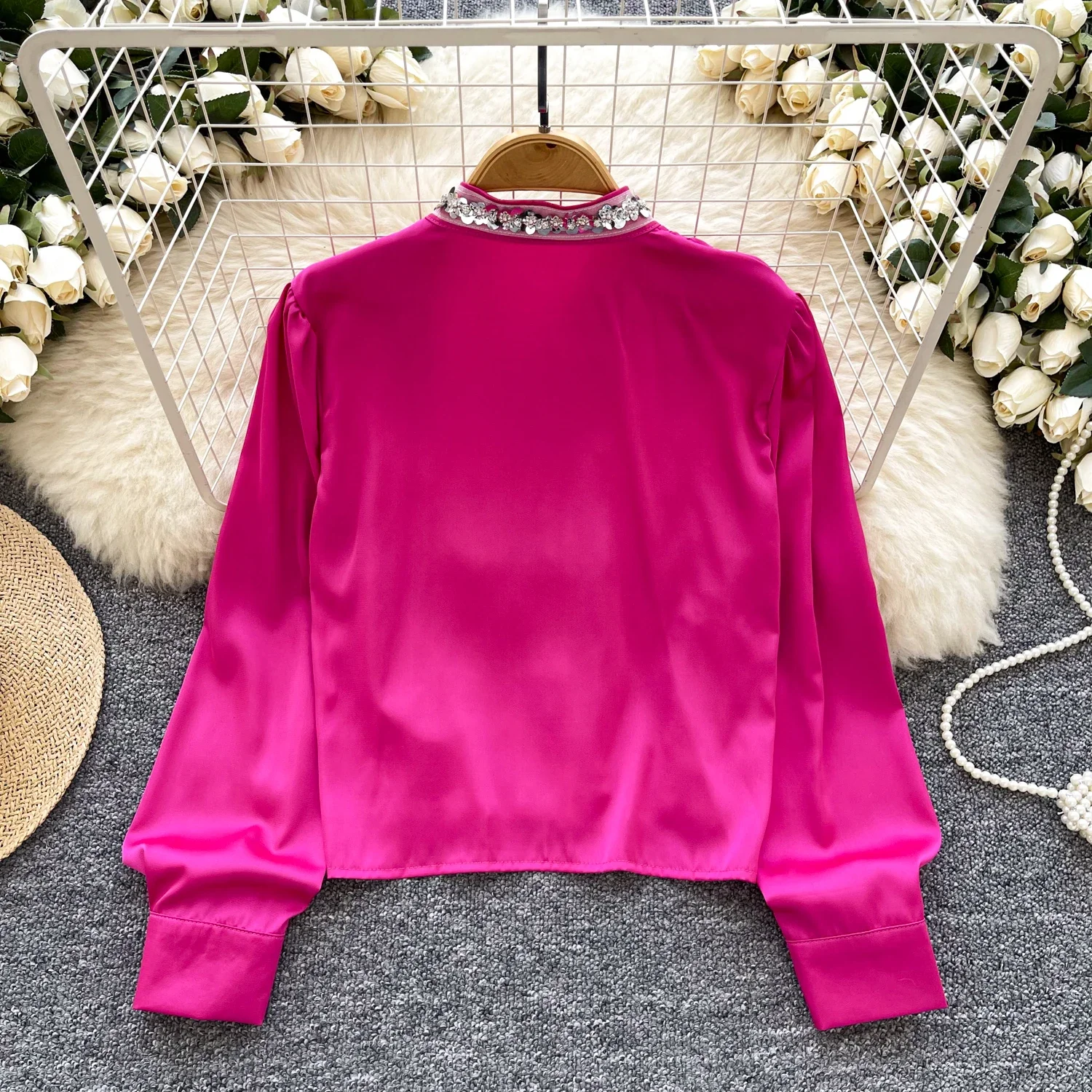 Hotsweet Stand Collar Sexy Long Sleeve Chic Sequins Single Breasted Loose Satin Top Fashion Streetwear High Street Autumn Blouse