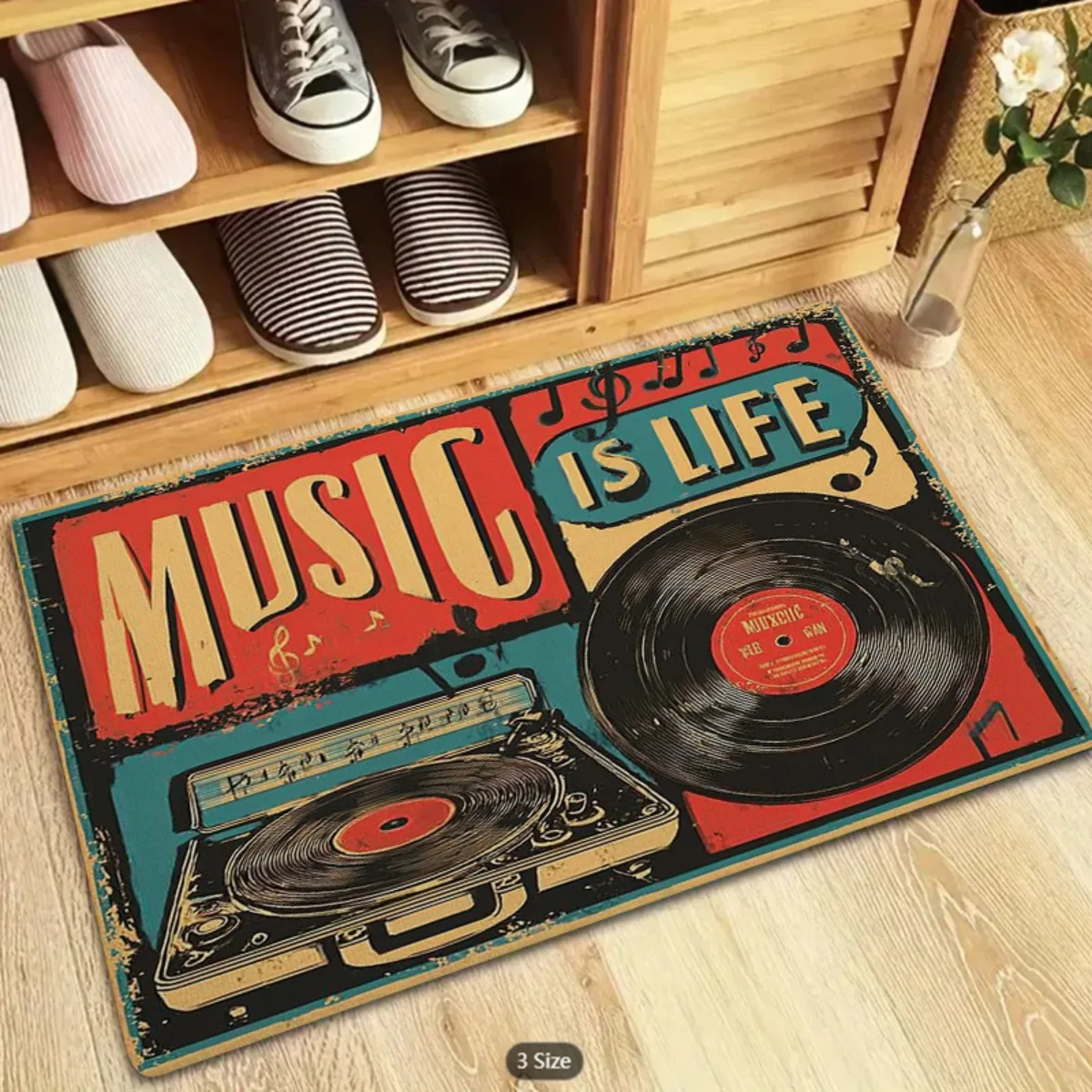 2D Flat Vintage Vinyl Record Music Is Life Retro Flannel Door Mat Non Slip Rock N Roll Rug For Entryway Man Cave Floor