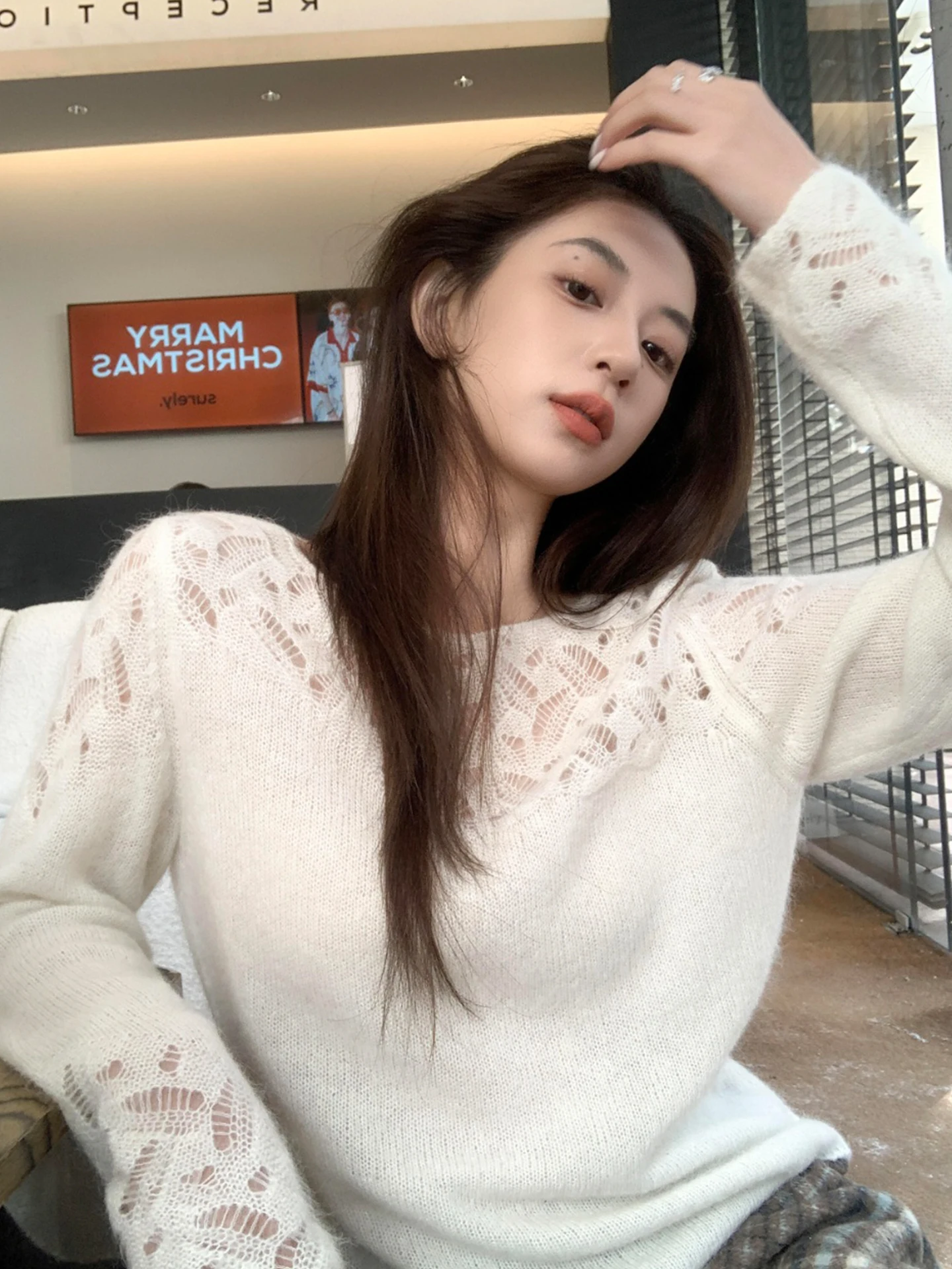 

Spring 2026 Hollow out Design Knitted Long Sleeve Soft Comfortable Overhead Top Korean Style Loose Fit Ladies Fashion