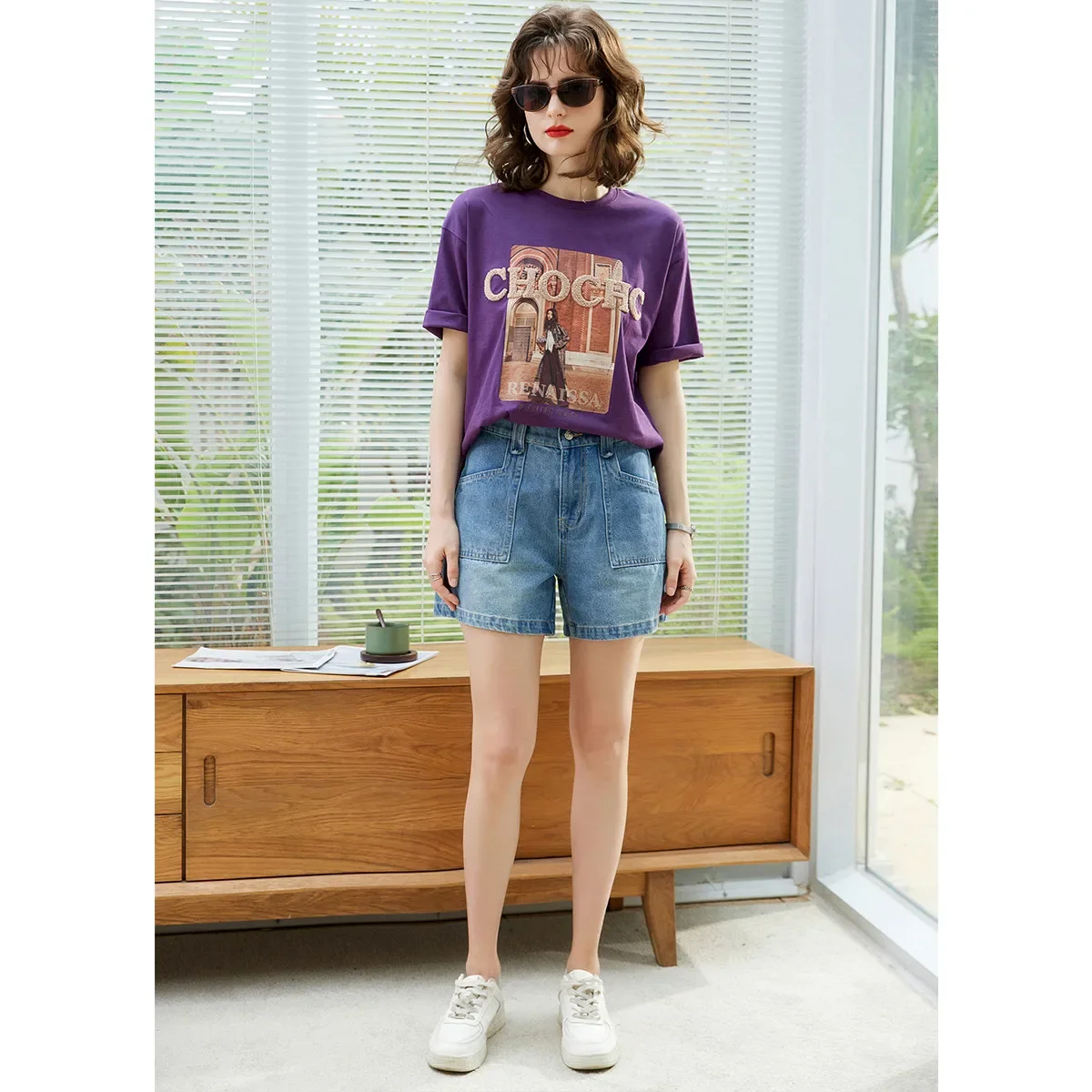 LOUIS YAO Women T-shirt 2024 Summer New 100% Cotton Tee O Neck Short Sleeve Print Casual Loose Pullover Top