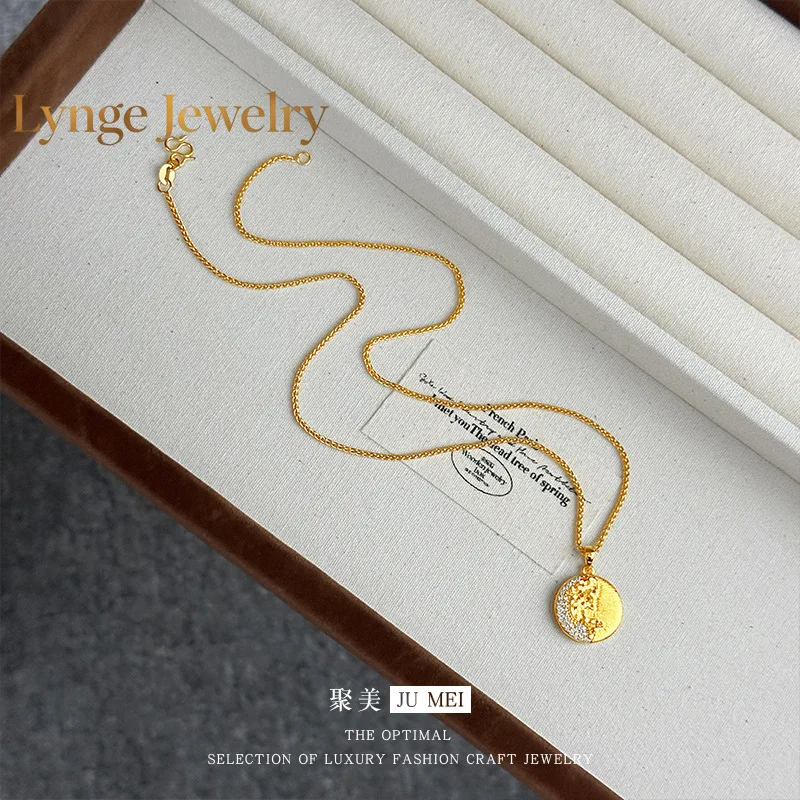 Lynge Jewelry Italian brushed medieval style 9999 points drilled ice pattern whale pendant 24K real gold women's high-end collar