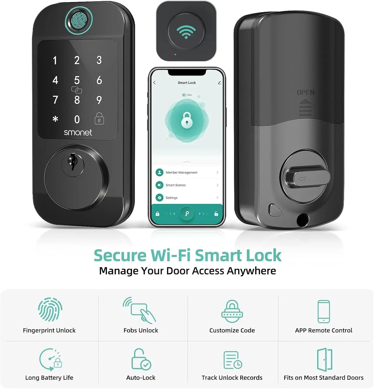 WiFi Keyless Front Door Lock: SMONET Fingerprint Entry Smart Locks, App Remote Control for Rental