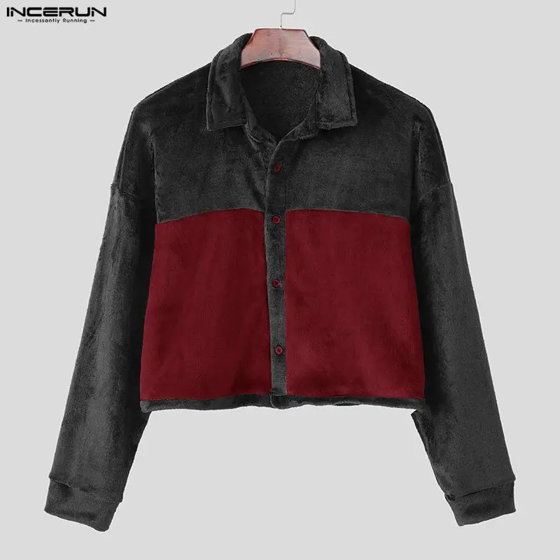 INCERUN Men Shirts Plush Patchwork Fleece Lapel Long Sleeve Casual Men Clothing Streetwear Loose Fashion Leisure Crop Tops S-5XL
