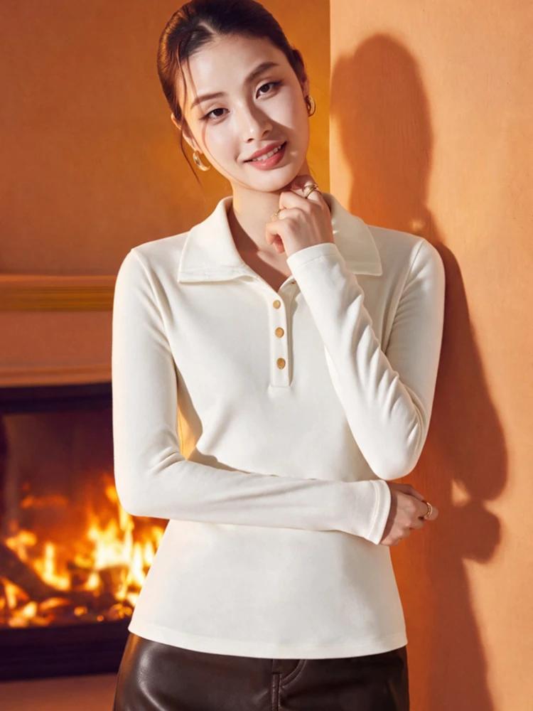 2026 Winter Women Cashmere Blend Thermal Top Button Front Fleece Lined Thick Inner Outer Wear Slim Warm Undershirt Tee