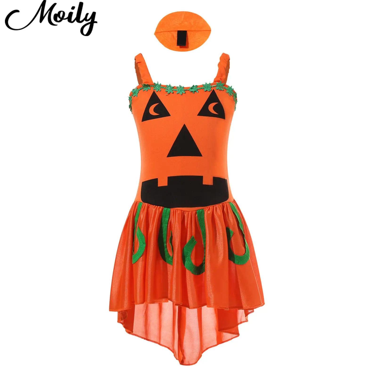 Vestido de Halloween para niñas, disfraz de bruja de calabaza, sin mangas, estampado de boceto, vestido de calabaza con horquilla, tocado