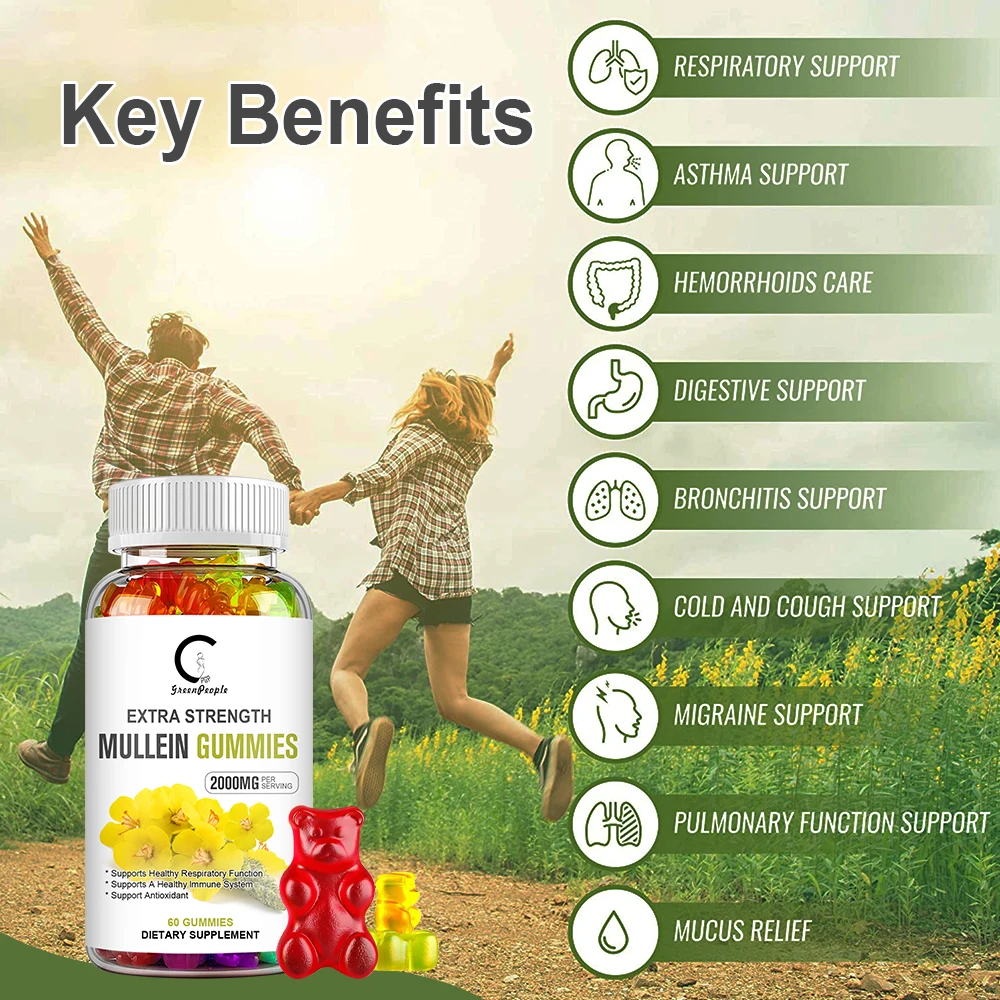 Mullein Gummies for Lung Cleanse, Extra Strength Mullein Leaf Extract, Deep Sleep Better Boost Immune System Iherbal Supplement