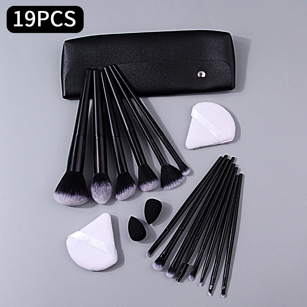 19PCS multi-purpose makeup brush set + soft mini sponge egg/triangular powder puff + travel portable storage bag