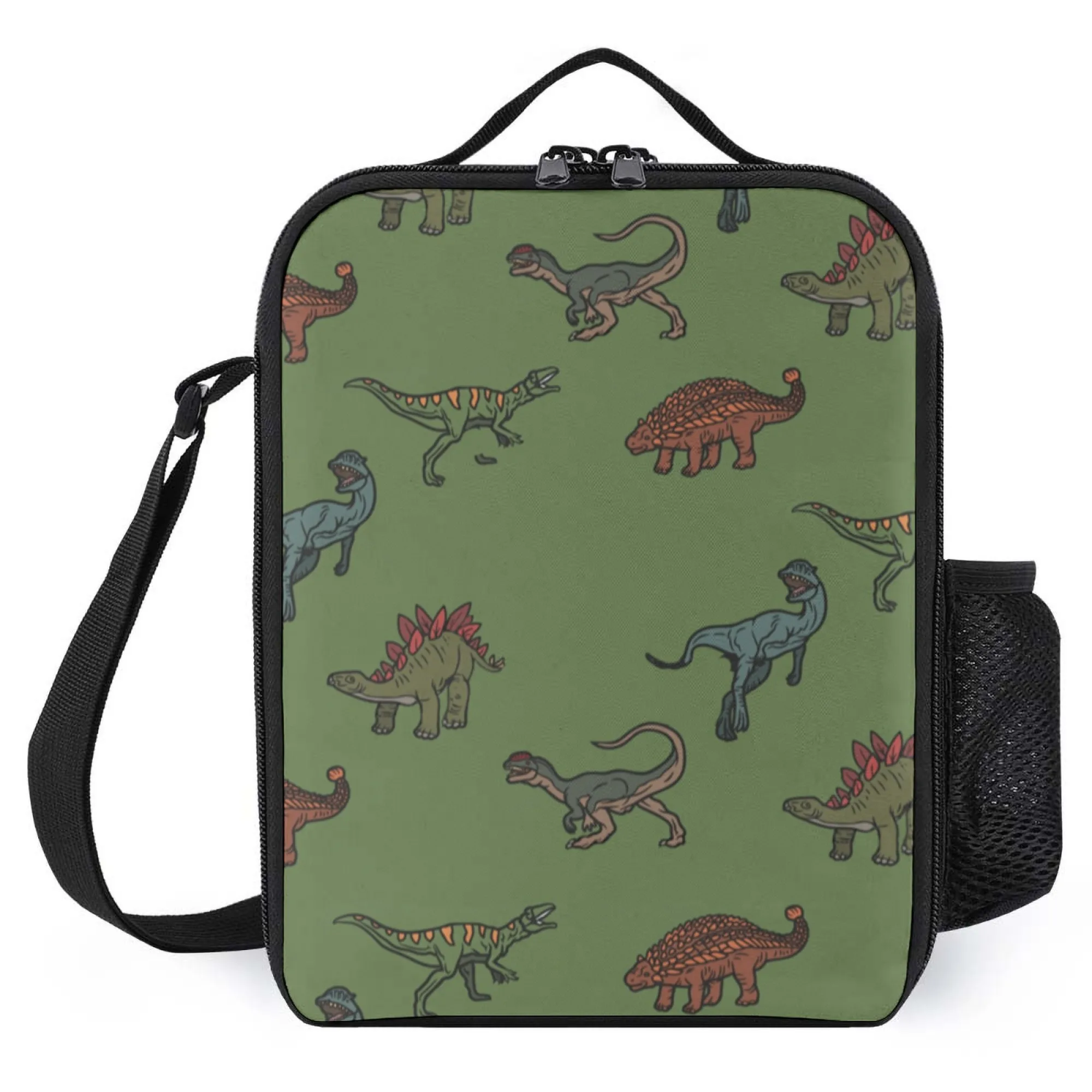 

Insulated Lunch Bag, Durable Oxford Cloth Material, Vibrant Colorful Dinosaur Pattern on Green Background, Dinosaur Enthusiasts