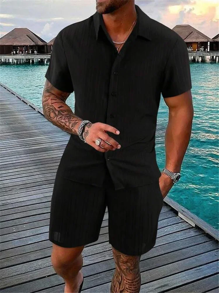 Men's Fashion Summer New Style Casual Solid Color Stripe Suit Male High-Quality Strip Texture Two-Piece Set