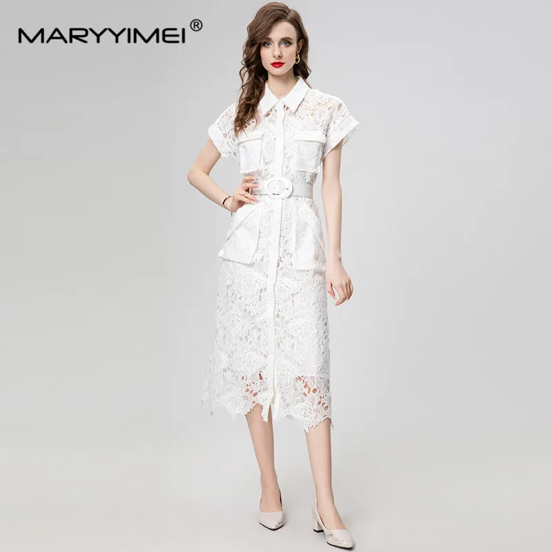 

MARYYIMEI New Fashion Runway Designer Dress Women's Lace Turn-Down Collar Hollow Out Embroidery Single-Breasted Dresses