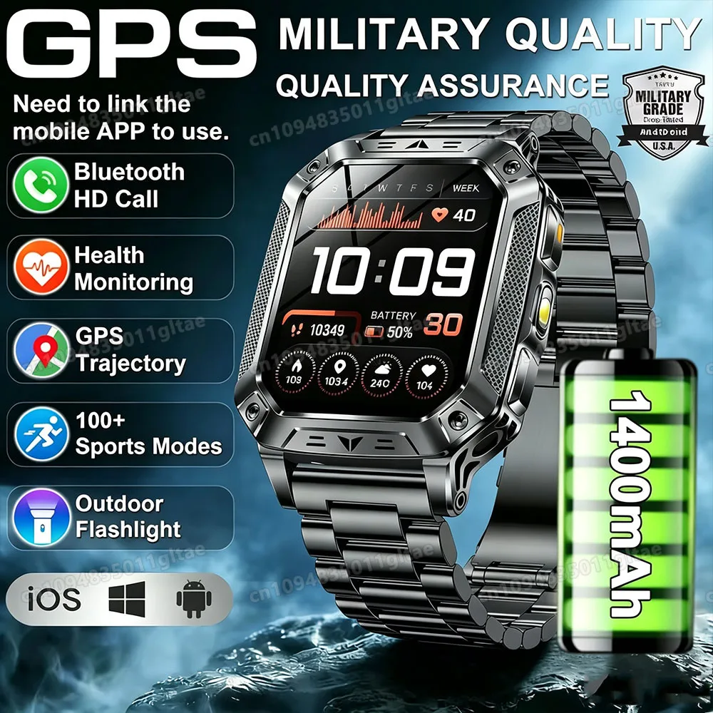 2026 Robuste Militär-Smartwatch für Herren, Outdoor-Uhr mit LED-Taschenlampe, 2,01'' HD-Touchscreen, Sprachsteuerung, Bluetooth-Anruf, Smartwatch-Geschenke