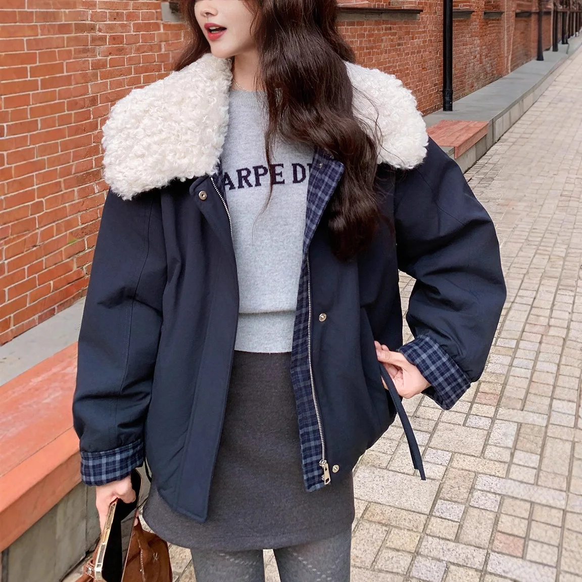 

Caramel Colored Lamb Fur Jaet Women's ort Thiened Warm Cotton Coat Korean Sle Autumn Winter Faion Outerwear