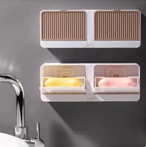 Soap Holder Box With Lid Multifuction Punch-Free Bathroom Accessories Tool Box Home Appliance Soap Dish Double Grids Drain Rack