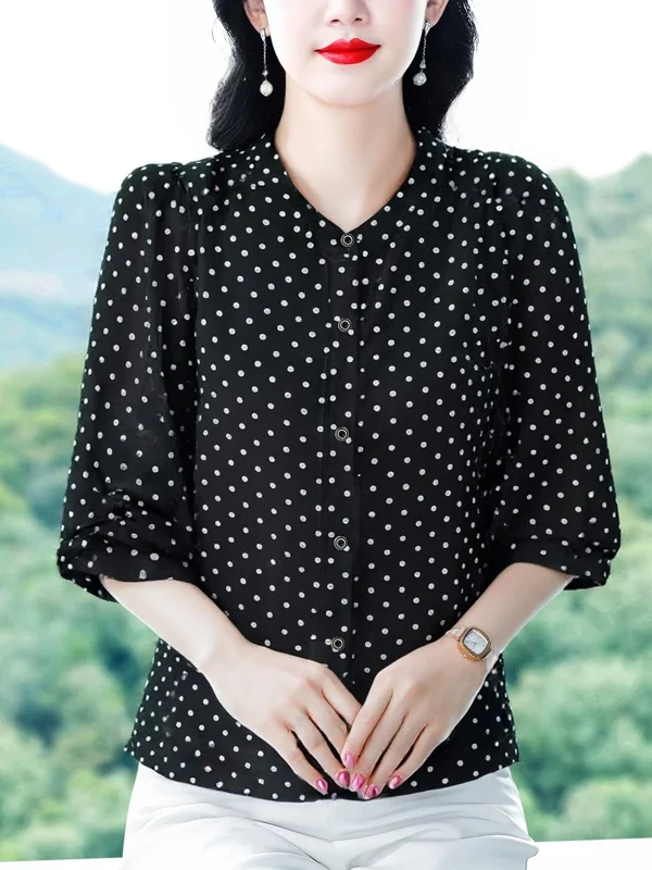 

Red Polka Dot Chiffon irt Women's Faion Summer New Sle Mom Thin Seven Sve Button up Casual Loose Fit round Ne Top