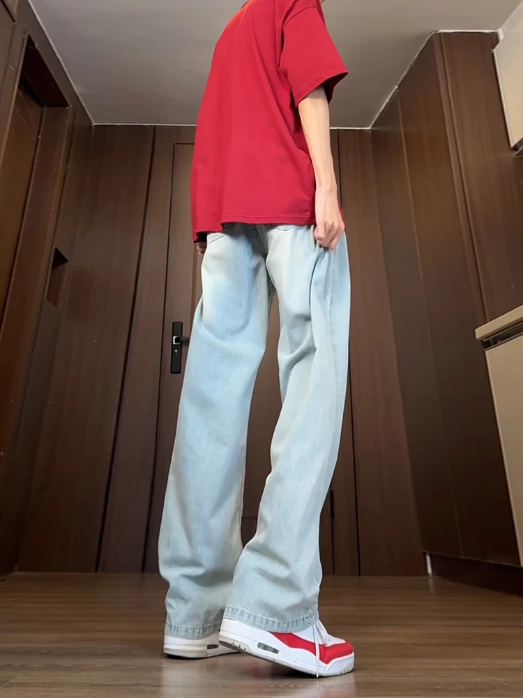 

Retro Glacier Blue Men's Jeans Summer Thin Sle Haome High-End Feelings Pants OOTD Ice Silk Knife Flared Pants