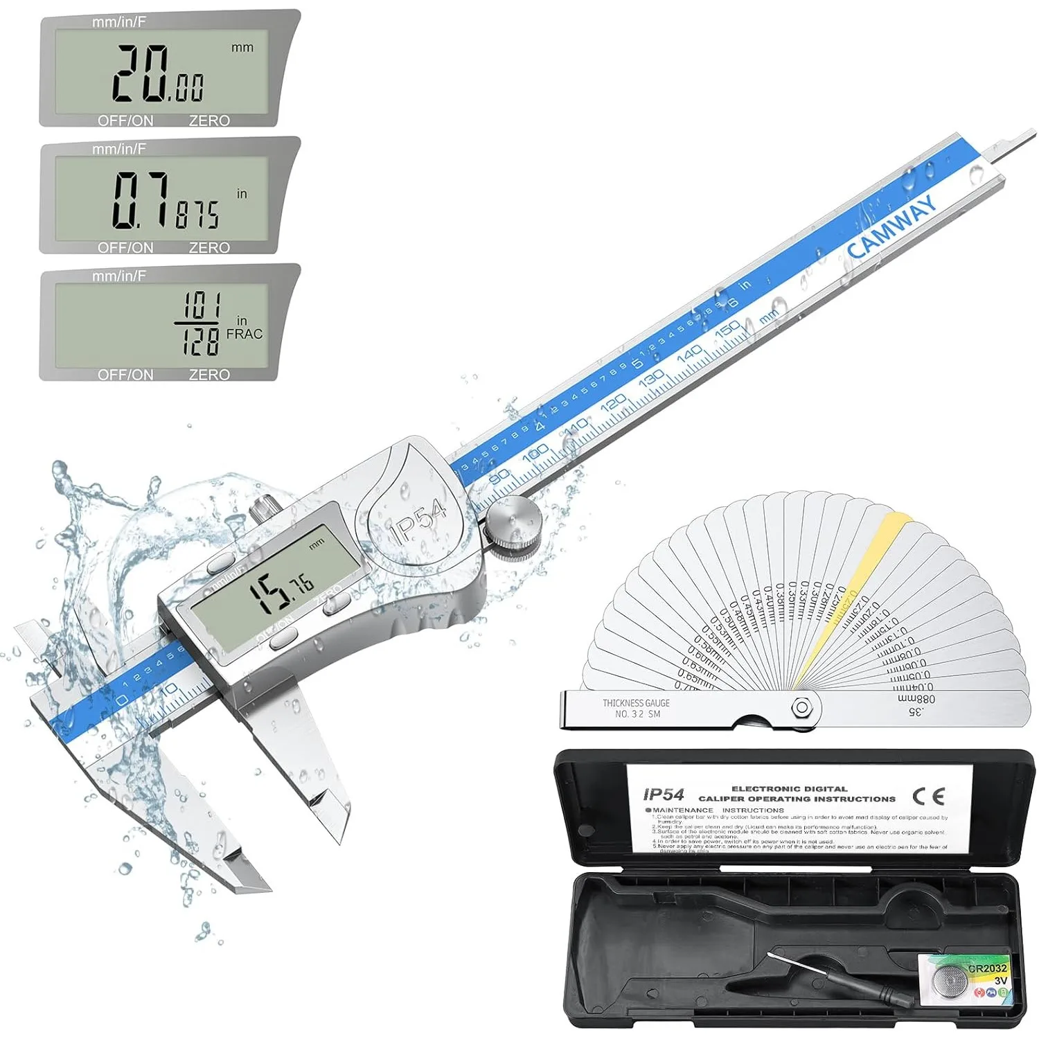 Digital Vernier Caliper IP54 Waterproof+32PCS Feeler Gauge 150mm/6Inch  Electronic Caliper Fractions/Inch/Metric Measuring Tool