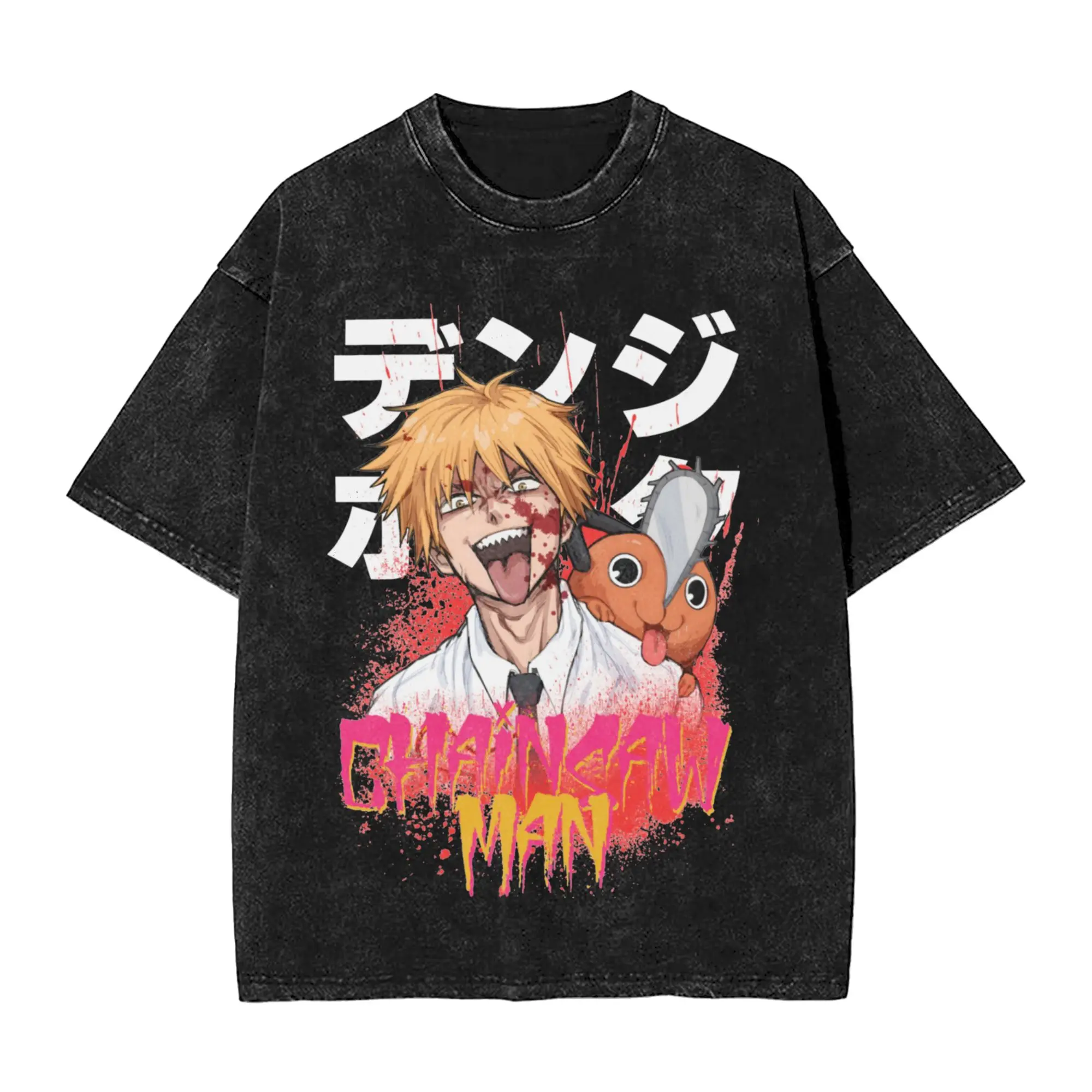 Chainsaws Man Anime Pochita Vintage Washed Tshirts Men's Cotton Top Tee Funny  Round Neck Short Sleeve