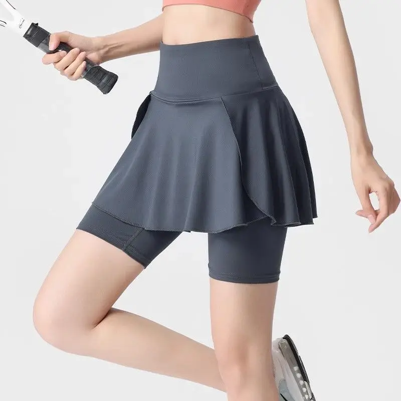 Summer Large Size Bodybuilding High Waist Lifting Buttocks Motion Fake Two Pieces Women Korean Elastic Force Casual A-line Skirt