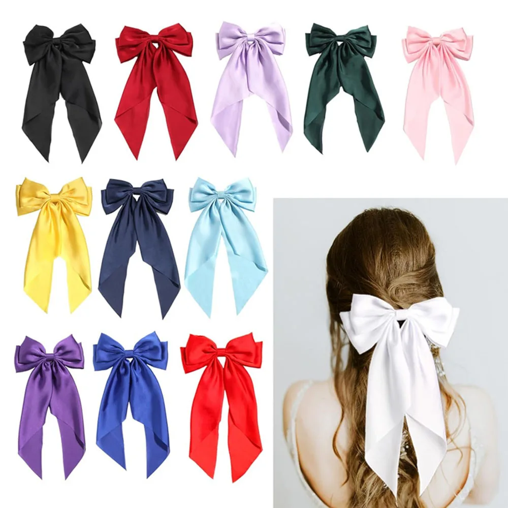 1Pcs Elegant Large Bow Long Ribbon Hair Clip Women Fashion Bowknot Satin Hairpin Barrettes Girls Ponytail Clip Hair Accessories