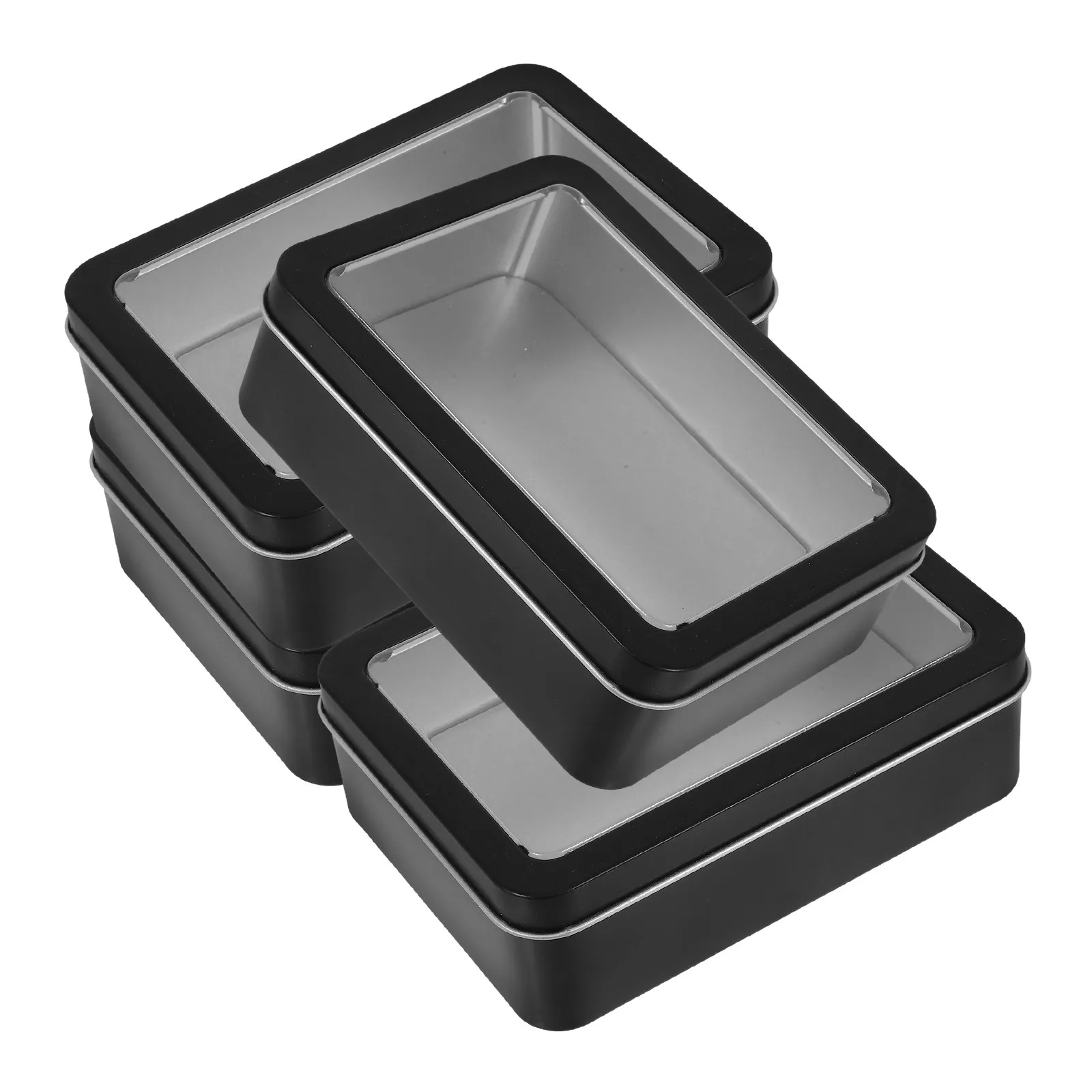 4Pcs Tinplate Rectangular Tin Box with Clear Lid Compact Sturdy Snack Storage Container for Biscuits Candies Small Household