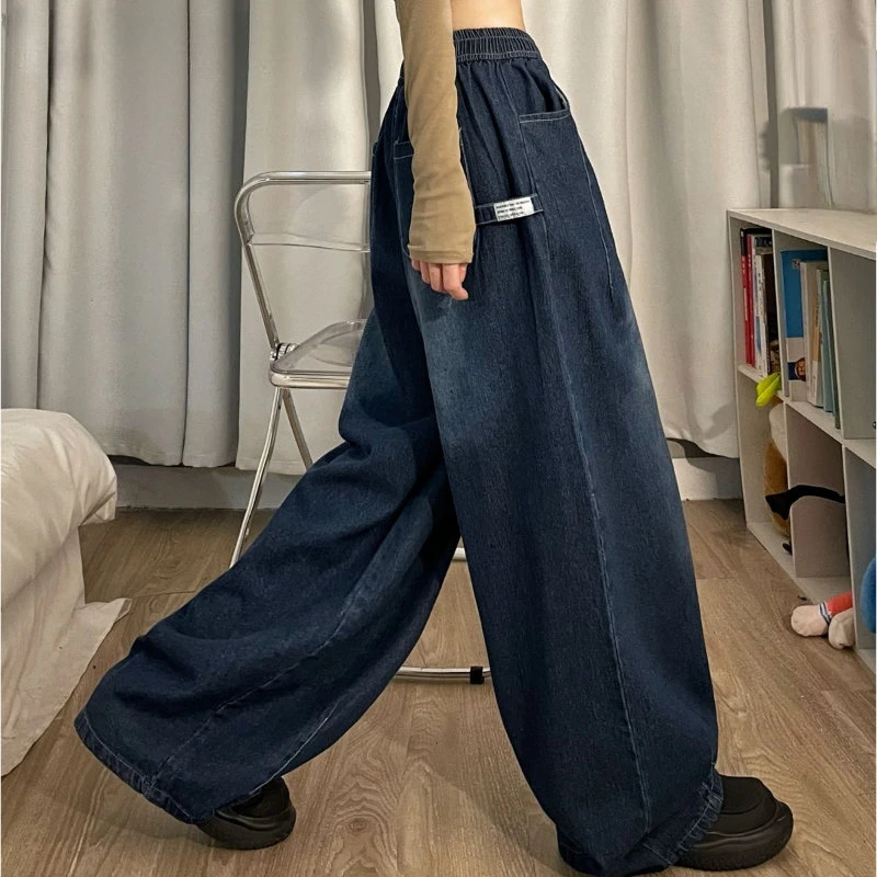 Elastyczna talia Oversized amerykańskie spodnie z szerokimi nogawkami Streetwear proste spodnie Y2k wiosna kobiety Vintage workowate dżinsy