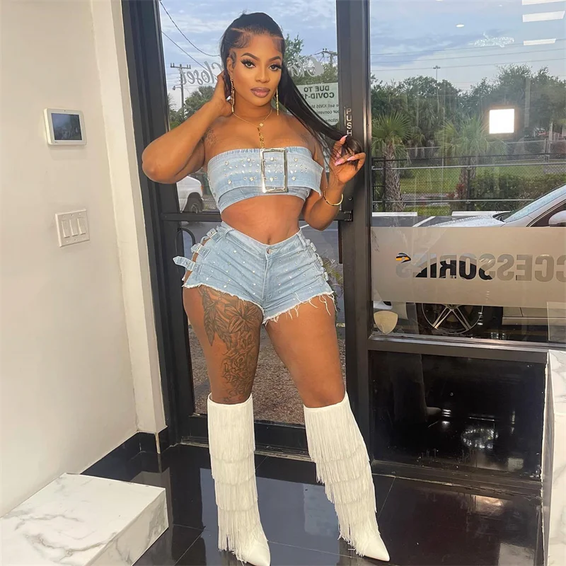 Streetwear Denim Two Piece Sets Women Birthday Outfits Diamonds Button Strapless Crop Top and Shorts Y2K Jeans Ensemble Short