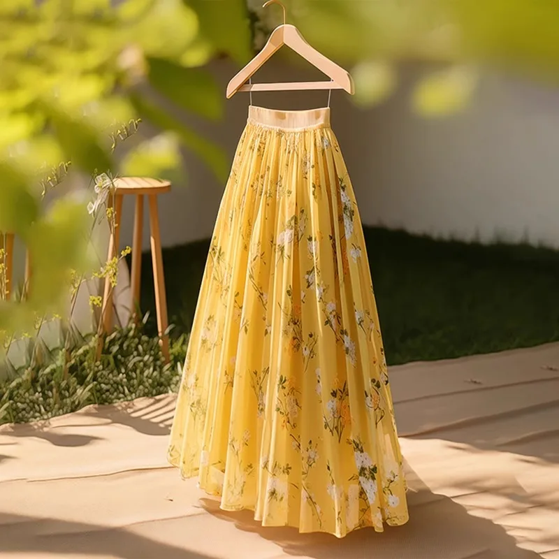 Light Yellow Cute Floral Sweet Full Flowing Skirts Mid Length Pleated Skirt France Design Elegant Women Casual Vacation Dresses