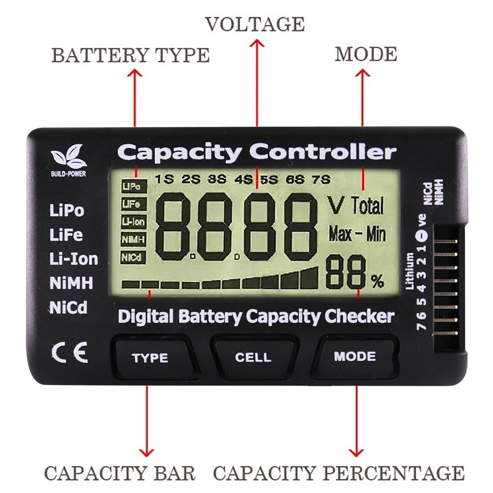 Digital Battery Tester LCD Display LiPo LiFe Li-ion Nicd NiMH Battery Capacity indicator Voltage Detector Capacitance Diagnostic