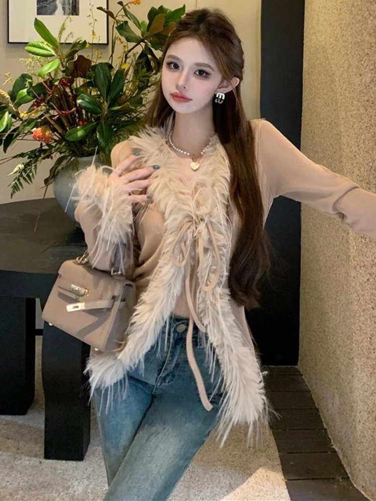 V Neck Fur Sleeve Cardigan Mujer Vintage Y2k Knitted Cardigan Sueter Slim Pull Femme Cropped Cardigan Clothes Knitwear Top