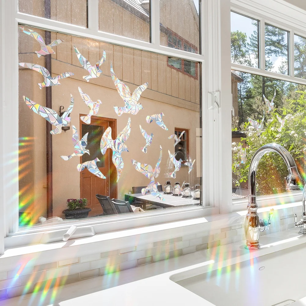 Static Holographic Dove Clings for Smooth Glass Surfaces Bird Strike Deterrent 6 Sheets PVC 39.37 in x 70.86 in Total