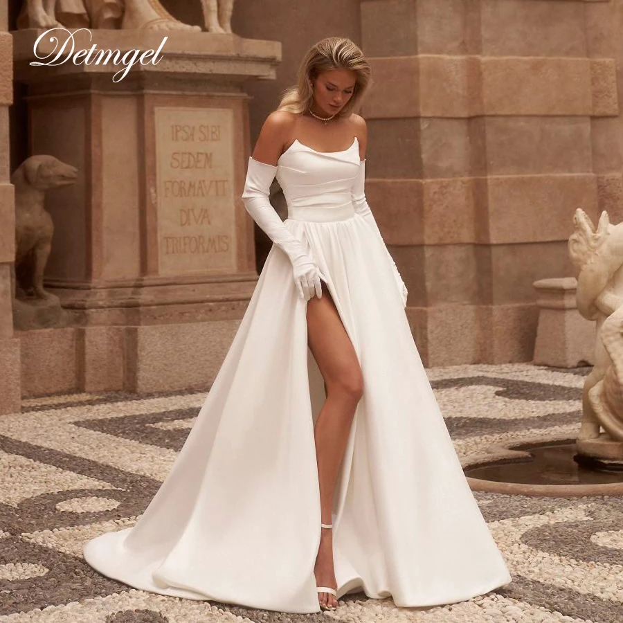 

Detmgel New Simple Boat Neck A-Line Wedding Dress Backless Sleeveless Soft Satin Pleat Court Train Vestido De Noiva Customized