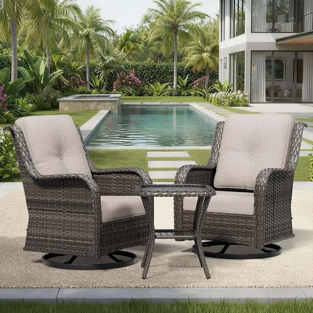 3 Piece Wicker Patio urniture Set, Outdoor Swivel Rocker Patio Chairs with High Back, Deep Seating, Wide Armrest, Thickened Cush