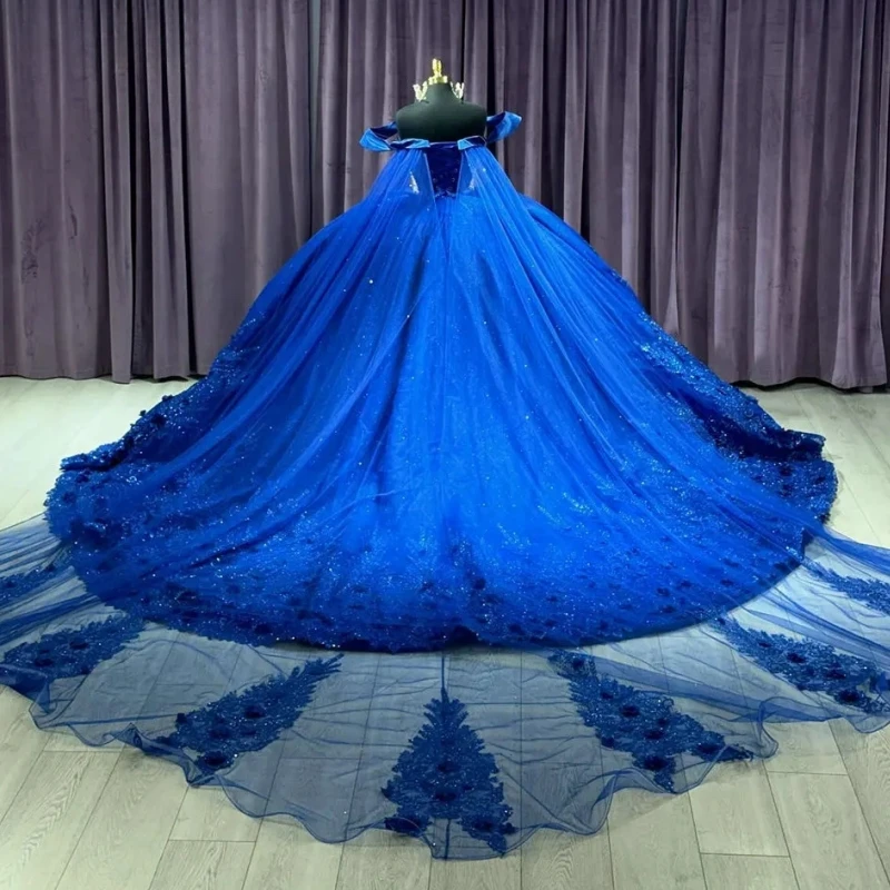 

Real Picture Royal Blue Sweet 15 Girl Quinceanera Dresses With Cape V Neck Crystal Flower Ball Gown Party Prom Dress Pageant