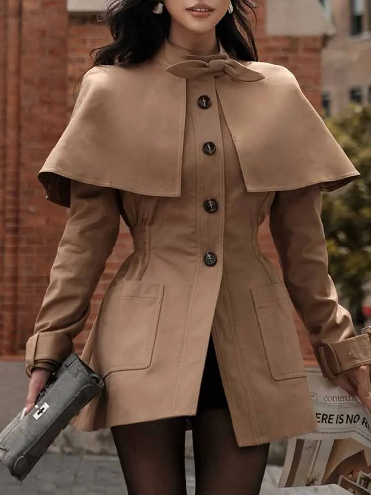 الكاكي شال طوق الدانتيل يصل خندق معطف المرأة كم كامل واحدة الصدر جيب الخصر Cinching سترة 2025 الخريف الشارع أبلى