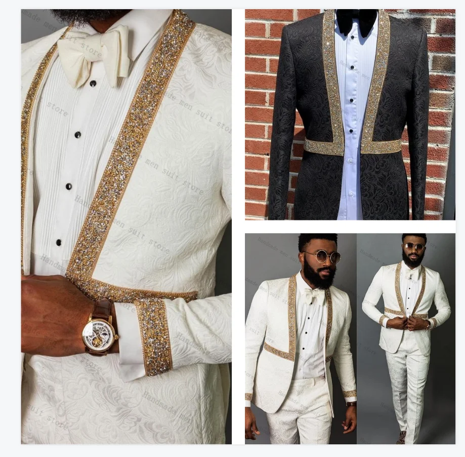 

White Black Men Suits 2 Pcs Jacquard Blazer+Pants Gold Crystal Stone Wedding Tuxedo Coat Customized Formal Groom Jacket Trousers