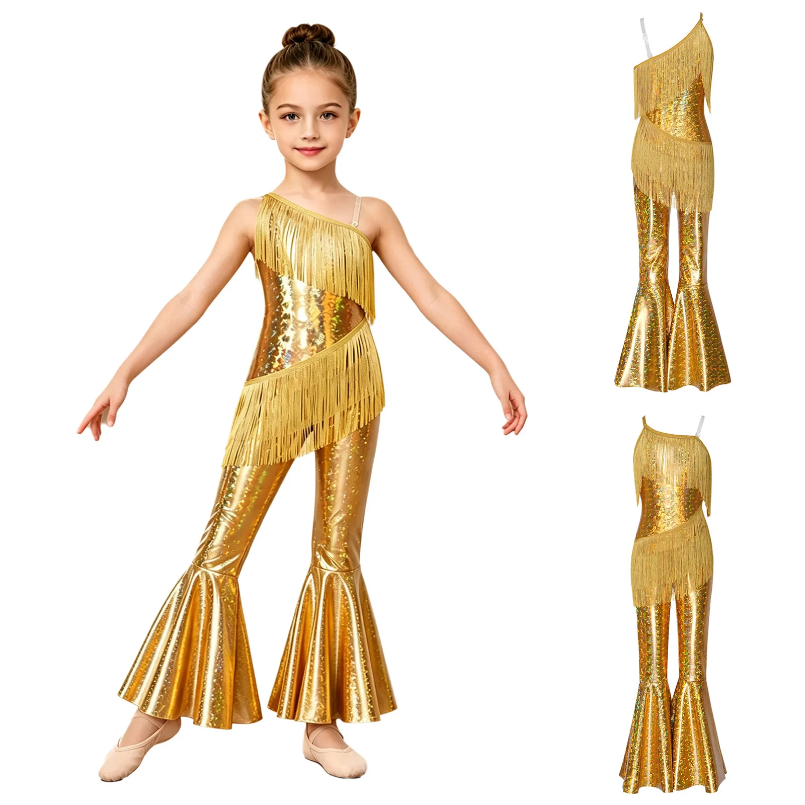Children Girls Metallic Shiny 70s Disco Latin Jazz Dance Flared Jumpsuit Sleeveless Tassels Zipper Bodysuit for School Party