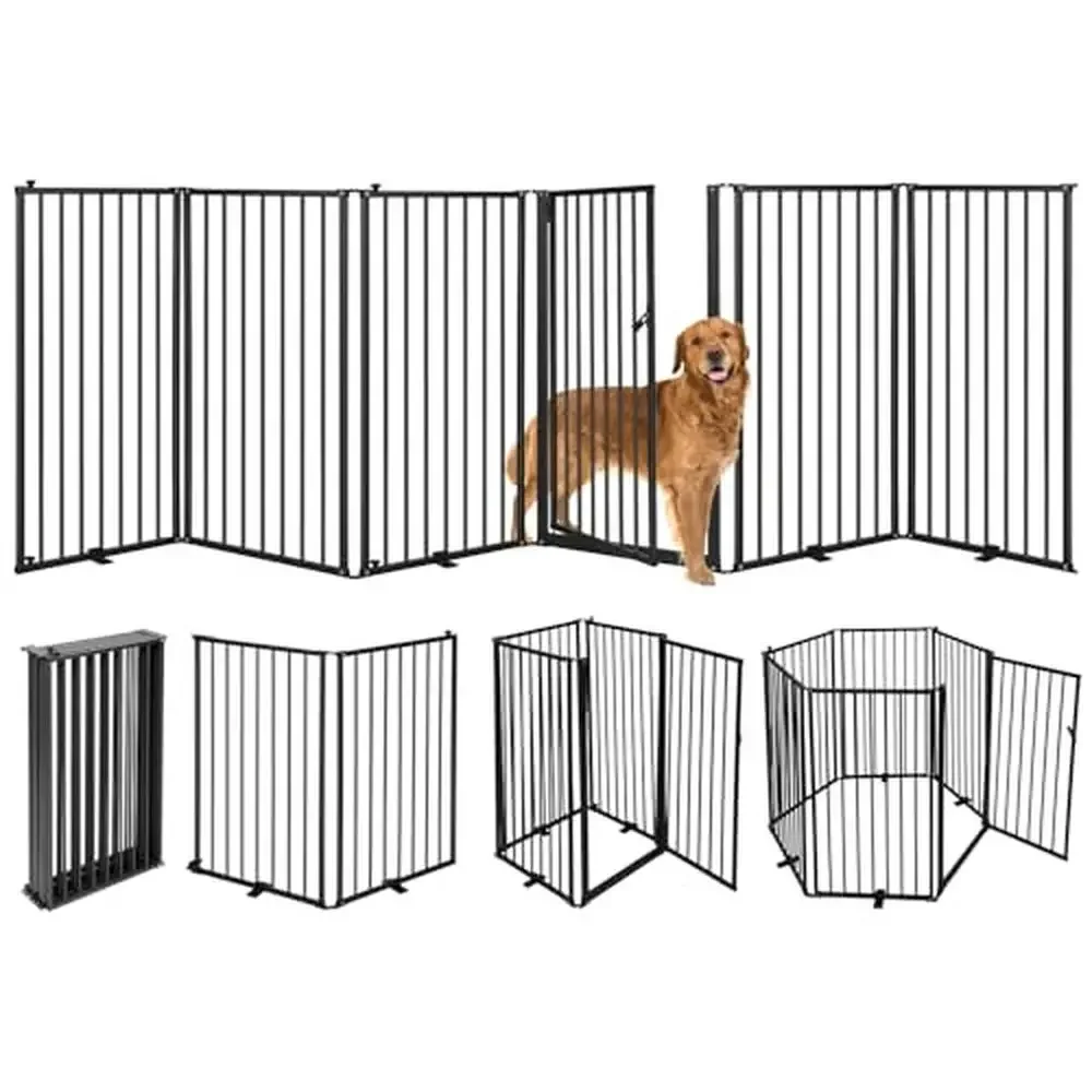 32''H 6 Panels Detachable Foldable Dog Fence Indoor Outdoor Puppy Gate 120''W Free Standing Metal Barrier Door 360° Rotatable